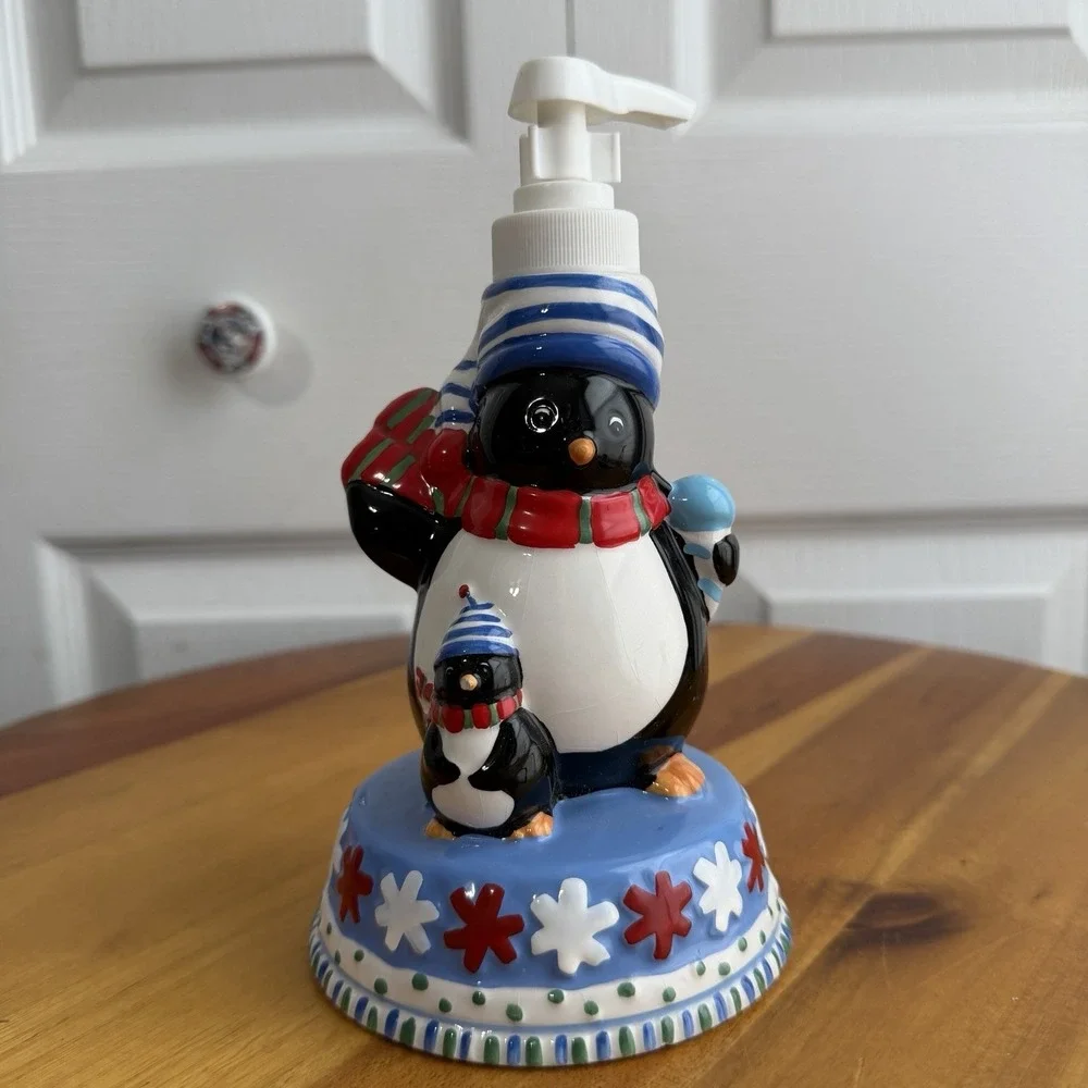 Penguins Soap Dispenser Winter Christmas Holiday Snowflakes Scarf
